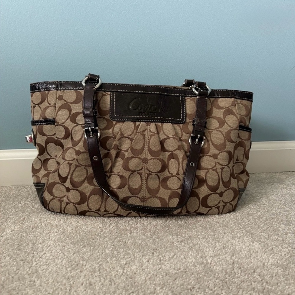 Coach Tan and Brown Signature Shoulder Bag